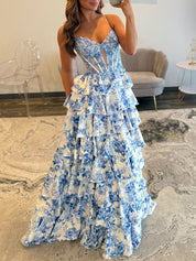 Floral Tiered Ruffle Beaded Corset Prom Dress with Slit
