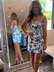 Floral Blue Bodycon Strapless Short Homecoming Dress with Ruffles