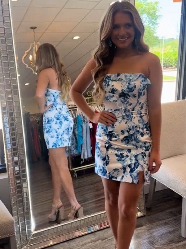 Floral Blue Bodycon Strapless Short Homecoming Dress with Ruffles