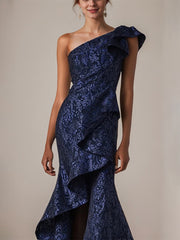 Floral Navy Mermaid One Shoulder Long Formal Dress with Ruffles