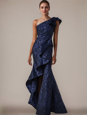 Floral Navy Mermaid One Shoulder Long Formal Dress with Ruffles
