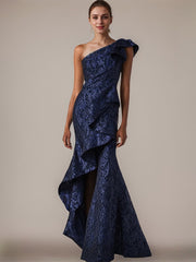 Floral Navy Mermaid One Shoulder Long Formal Dress with Ruffles