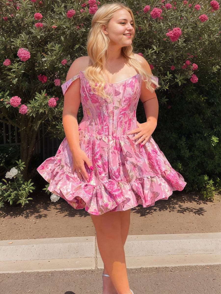 Floral Off Shoulder Brocade Homecoming Dress with Ruffled