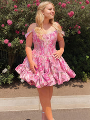 Floral Off Shoulder Brocade Homecoming Dress with Ruffled
