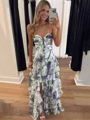 Floral Print Tiered Ruffle Prom Gown with Tie-Front Bow