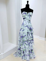 Floral Print Tiered Ruffle Prom Gown with Tie-Front Bow
