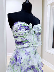 Floral Print Tiered Ruffle Prom Gown with Tie-Front Bow