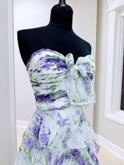 Floral Print Tiered Ruffle Prom Gown with Tie-Front Bow