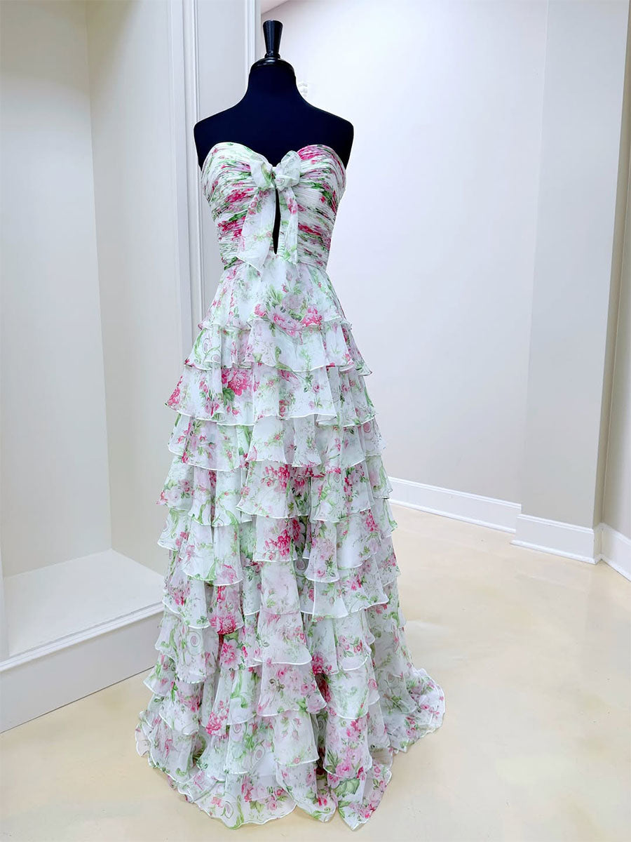 Floral Print Tiered Ruffle Prom Gown with Tie-Front Bow