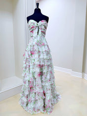 Floral Print Tiered Ruffle Prom Gown with Tie-Front Bow