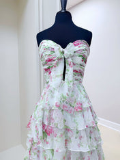 Floral Print Tiered Ruffle Prom Gown with Tie-Front Bow