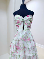 Floral Print Tiered Ruffle Prom Gown with Tie-Front Bow
