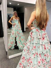 Floral Strapless Sweetheart Tiered Chiffon Prom Dress wit Train