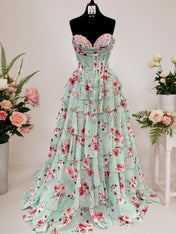 Floral Strapless Sweetheart Tiered Chiffon Prom Dress wit Train