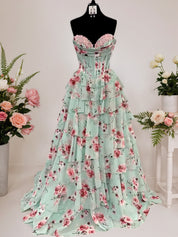 Floral Strapless Sweetheart Tiered Chiffon Prom Dress wit Train