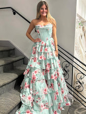 Floral Strapless Sweetheart Tiered Chiffon Prom Dress wit Train