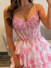Floral Tiered Ruffle Beaded Corset Prom Dress with Slit