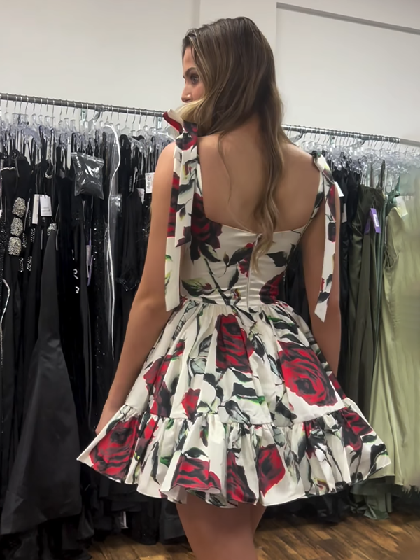 Floral White Satin A Line Printed Short Homecoming Dress with Ruffles