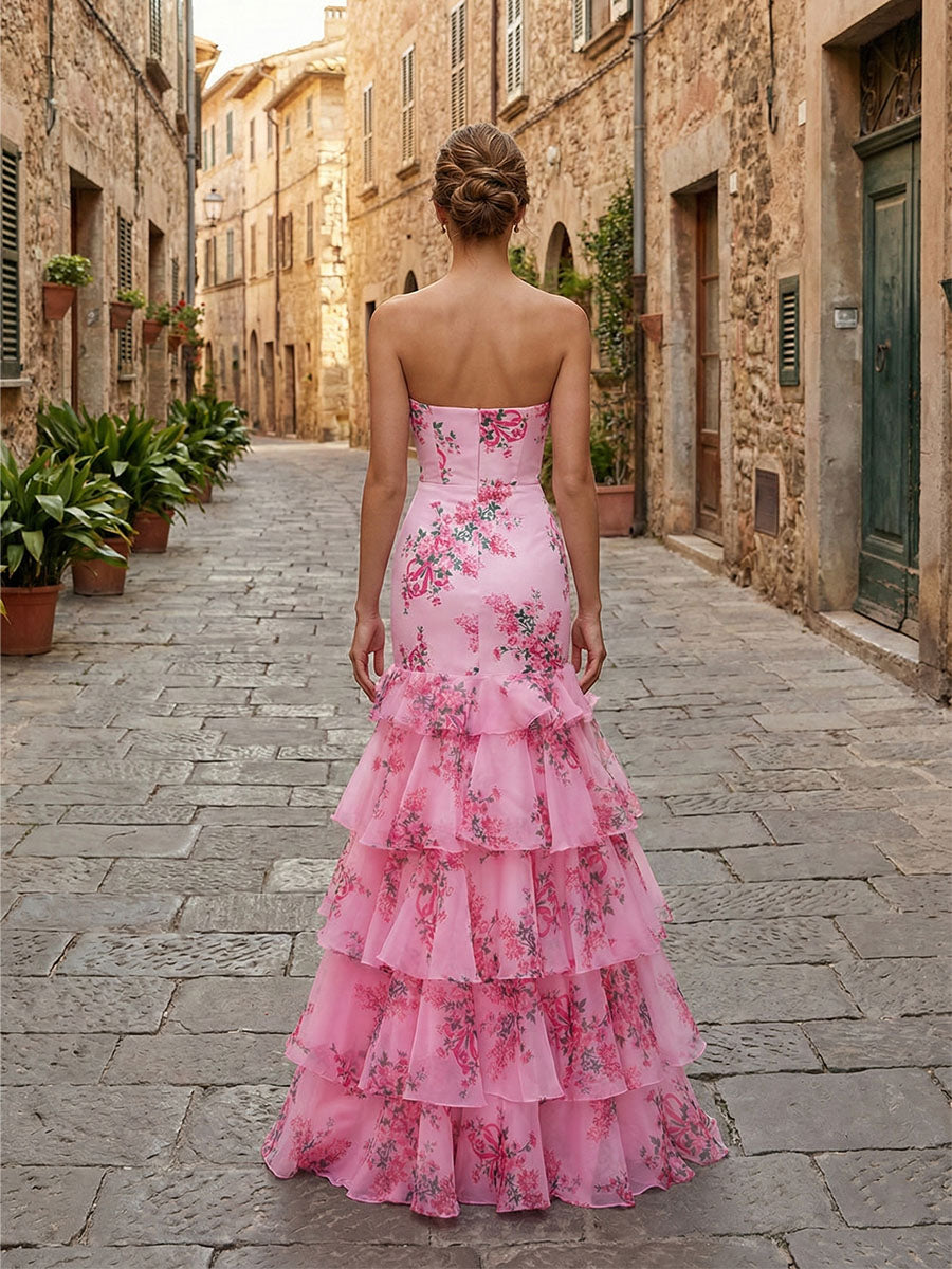 Flower Mermaid Strapless Tiered Print Long Prom Dress with Ruffles