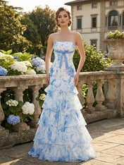Flower Mermaid Strapless Tiered Print Long Prom Dress with Ruffles