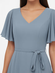 Flutter Sleeves Chiffon V Neck Maxi Dresses with Sash Bow