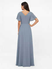 Flutter Sleeves Chiffon V Neck Maxi Dresses with Sash Bow