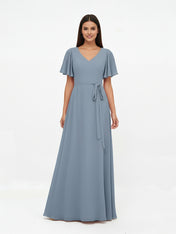 Flutter Sleeves Chiffon V Neck Maxi Dresses with Sash Bow
