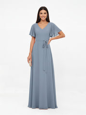 Flutter Sleeves Chiffon V Neck Maxi Dresses with Sash Bow