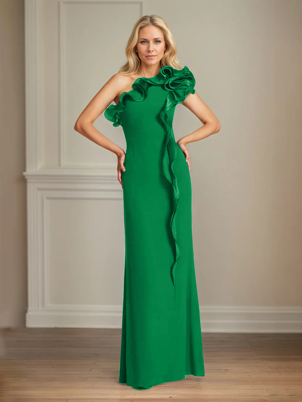 Navy Stretch Crepe Sheath/Column One Shoulder Floor Length Mother of the Bride Dresses With Ruffles