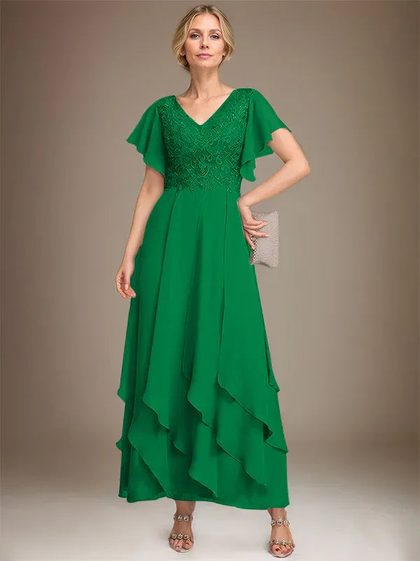 Robe de mère de la mariée trapèze, col en V, longueur cheville, en mousseline de soie et dentelle, avec volants en cascade 