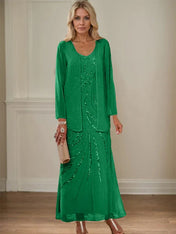 Sheath/Column V-Neck Ankle-Length Mother of the Bride Dresses with Jacket & Sequins