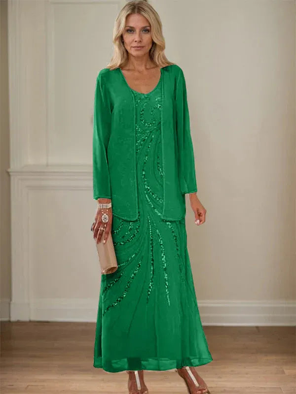 Robe de mère de la mariée fourreau/colonne, col en V, longueur cheville, avec veste et paillettes 