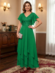 A-line V-Neck Ankle-Length Lace Chiffon Mother of the Bride Dress With Cascading Ruffles