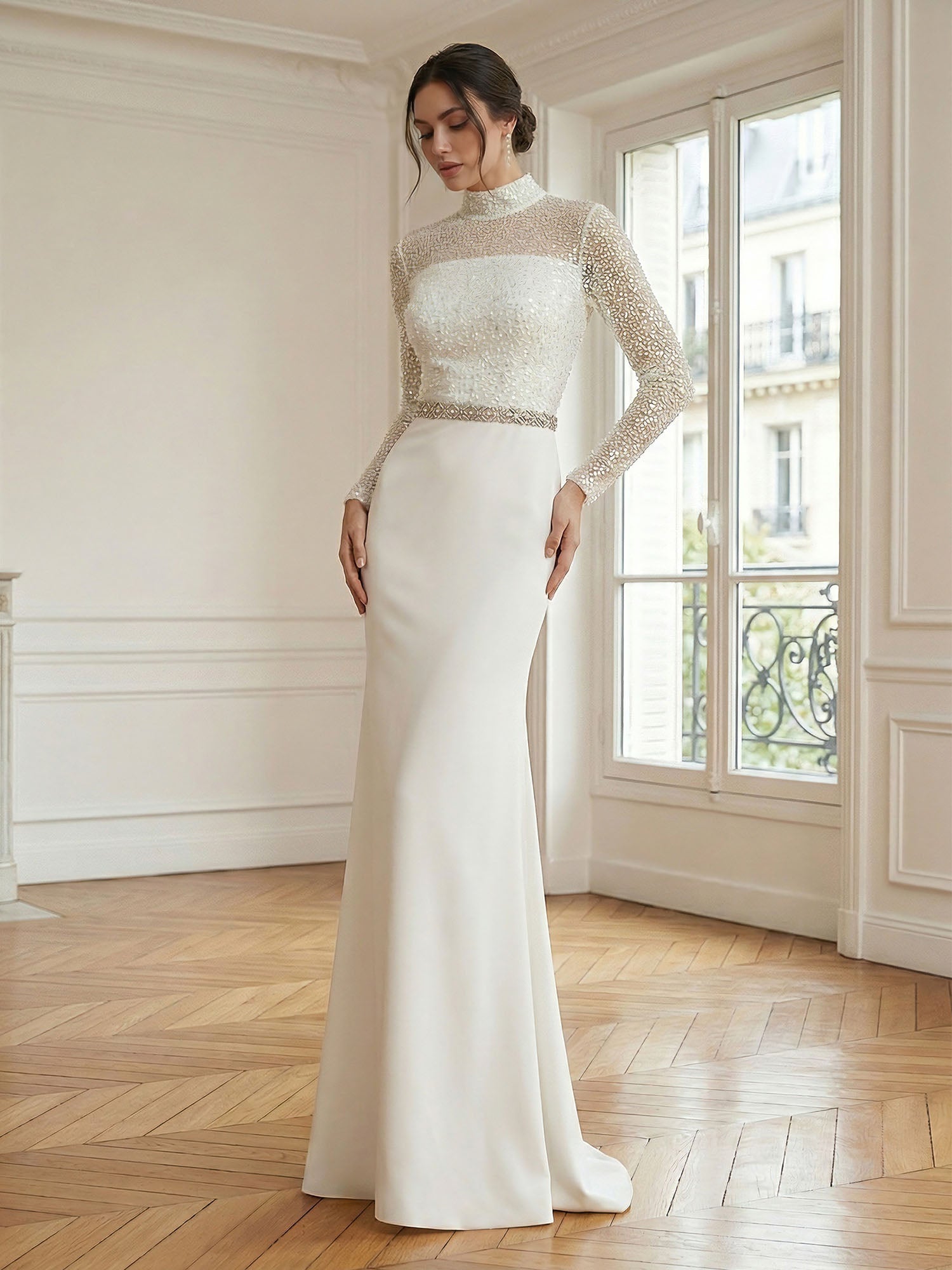 Formal Dress White Sheath Illusion Neck Beaded Chiffon Maxi Dress