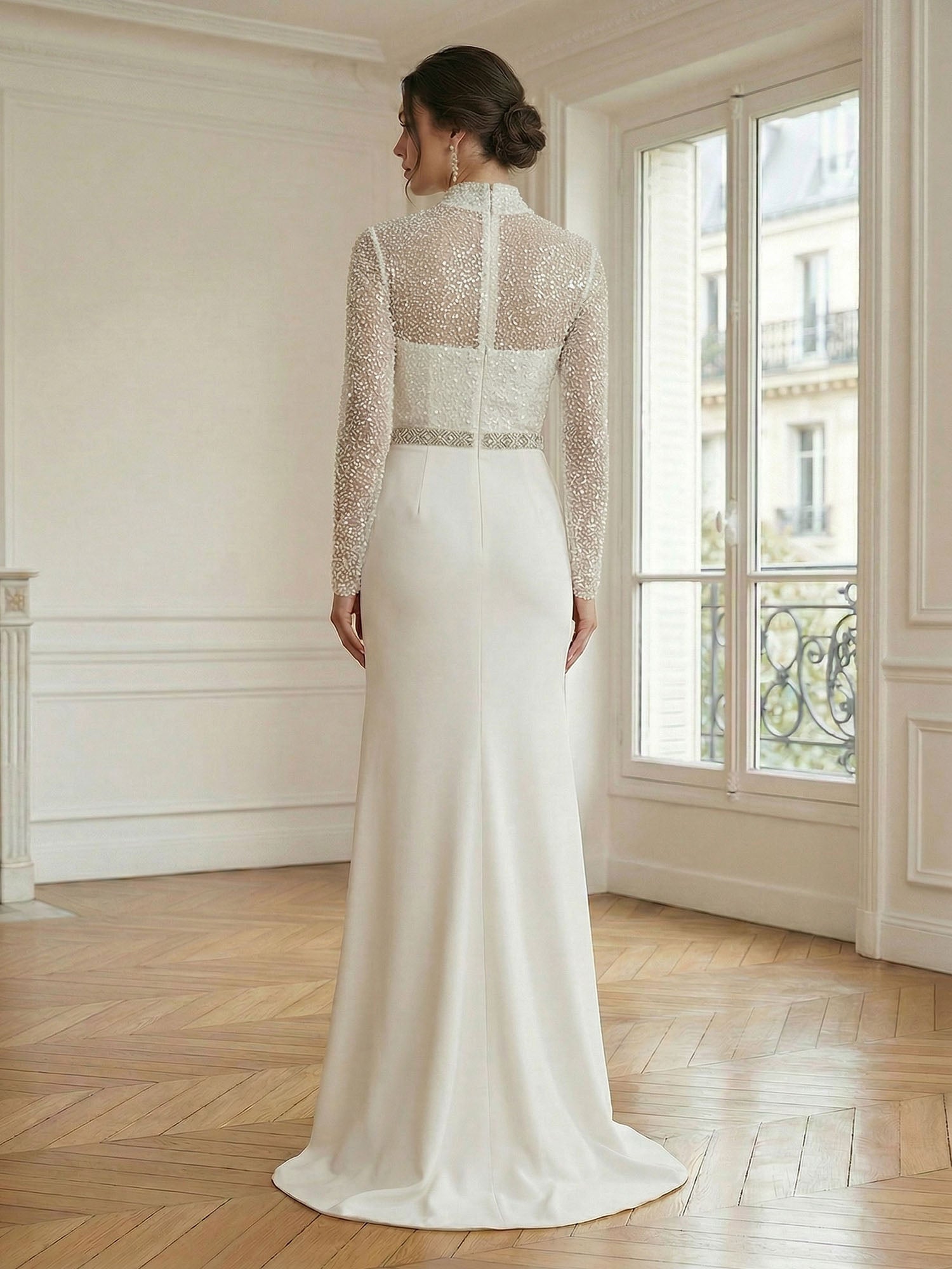 Formal Dress White Sheath Illusion Neck Beaded Chiffon Maxi Dress
