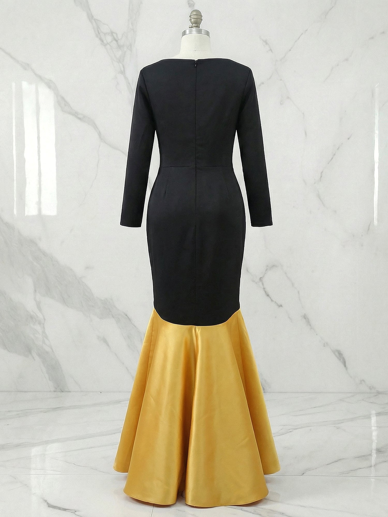 Formal Evening Dress Black Crew Neck Long Sleeve Maxi Mermaid Dress