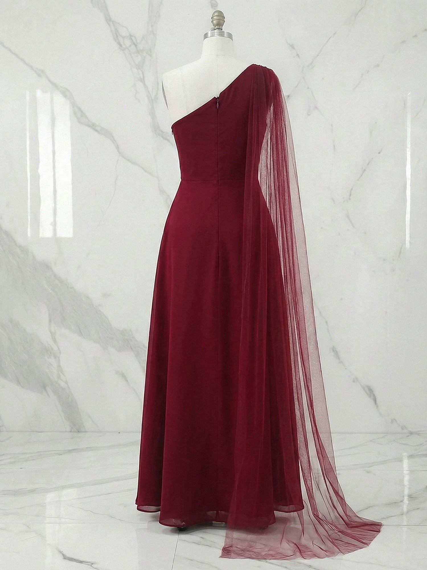 Formal Evening Dress Burgundy One Shoulder Slit Maxi Dress Gown