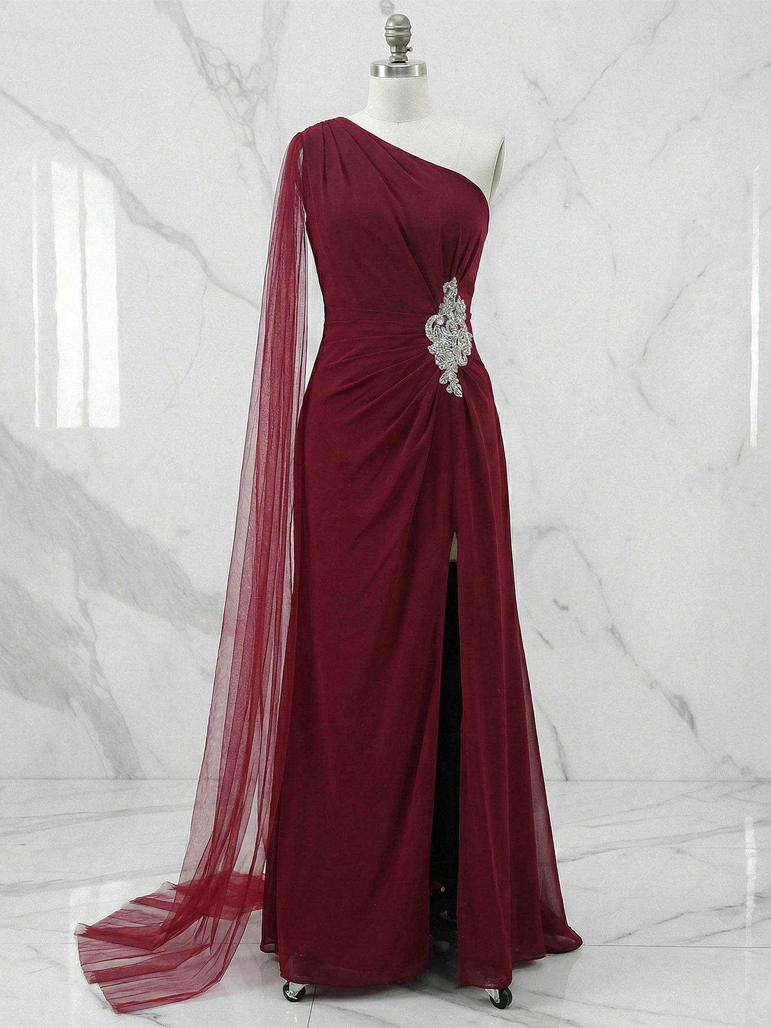 Formal Evening Dress Burgundy One Shoulder Slit Maxi Dress Gown