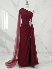 Formal Evening Dress Burgundy One Shoulder Slit Maxi Dress Gown