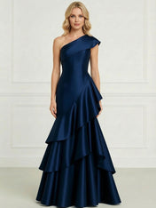 Formal Evening Dress Dark Blue One-Shoulder Satin Tiered Maxi Gown