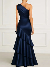 Formal Evening Dress Dark Blue One-Shoulder Satin Tiered Maxi Gown