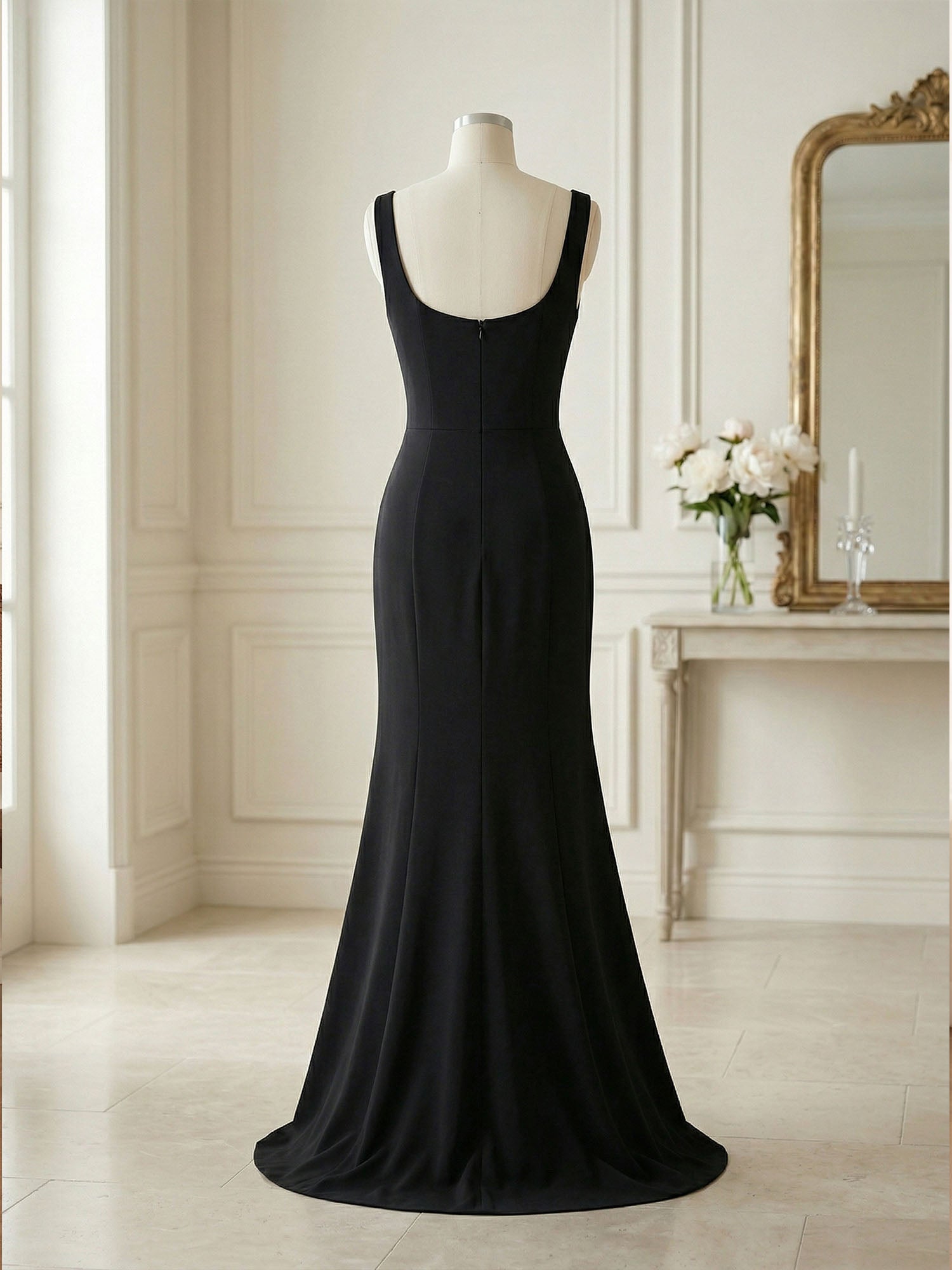 Formal Evening Dress Glamorous Black Square-Neck Crystal Rose Slit Gown