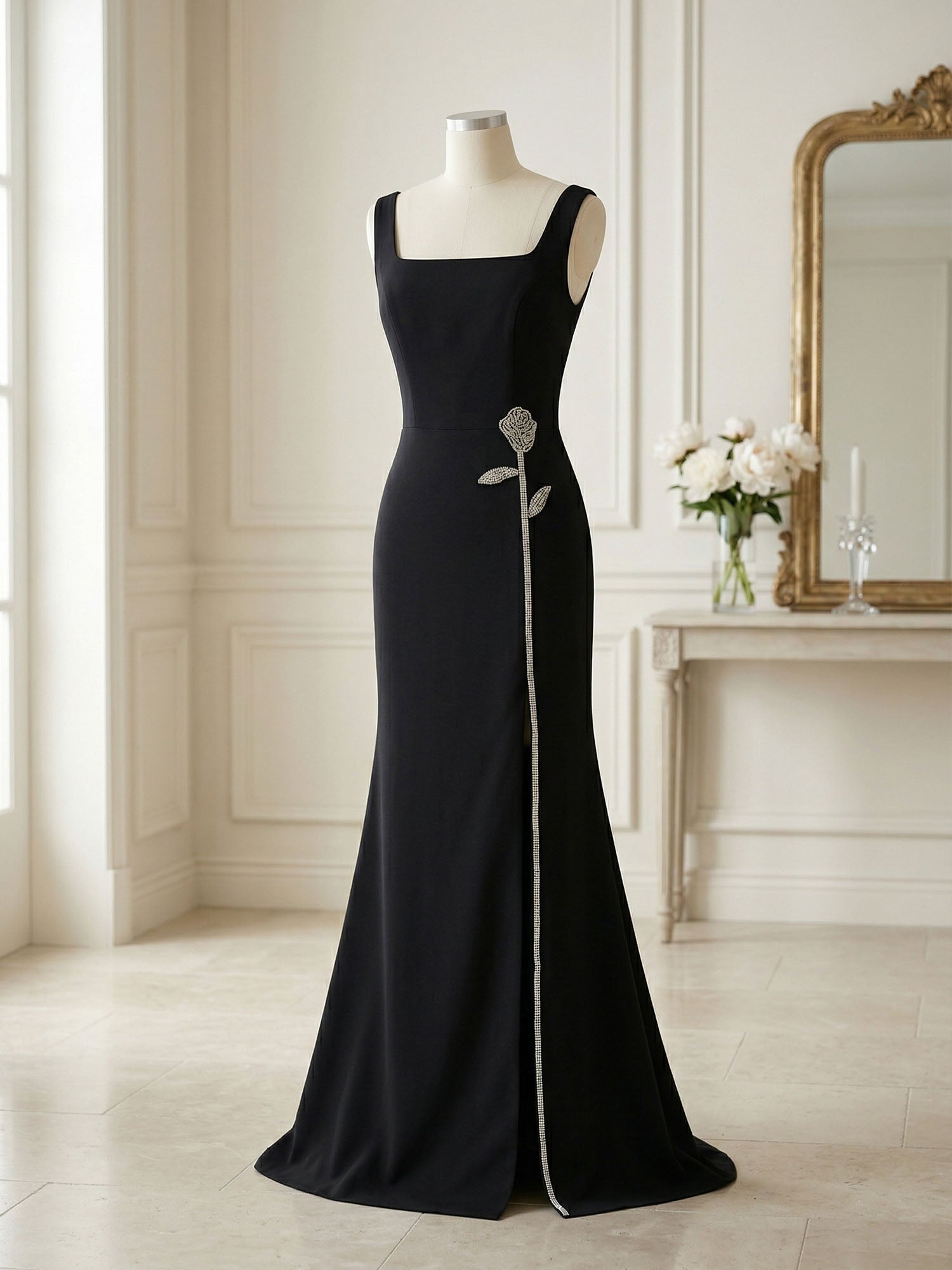 Formal Evening Dress Glamorous Black Square-Neck Crystal Rose Slit Gown