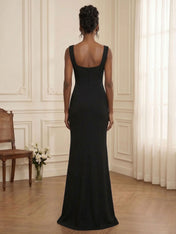 Formal Evening Dress Glamorous Black Square-Neck Crystal Rose Slit Gown