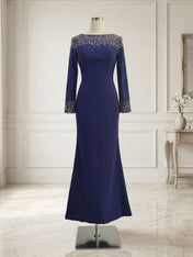 Formal Evening Dress Midnight Navy Velvet Long Sleeves Maxi Dress with Crystal