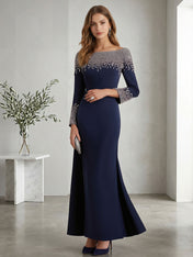 Formal Evening Dress Midnight Navy Velvet Long Sleeves Maxi Dress with Crystal