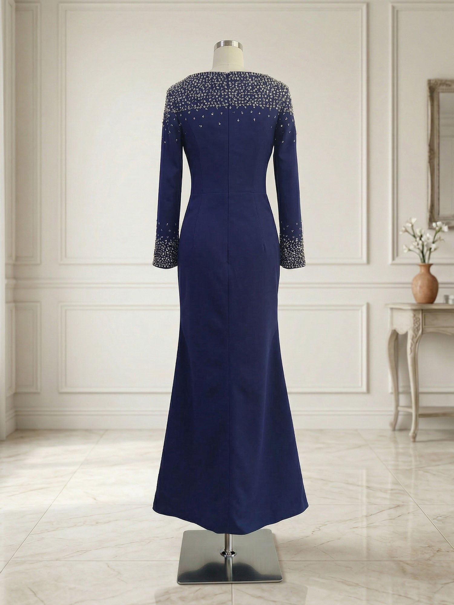 Formal Evening Dress Midnight Navy Velvet Long Sleeves Maxi Dress with Crystal