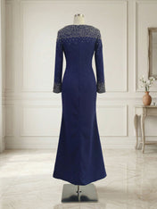 Formal Evening Dress Midnight Navy Velvet Long Sleeves Maxi Dress with Crystal
