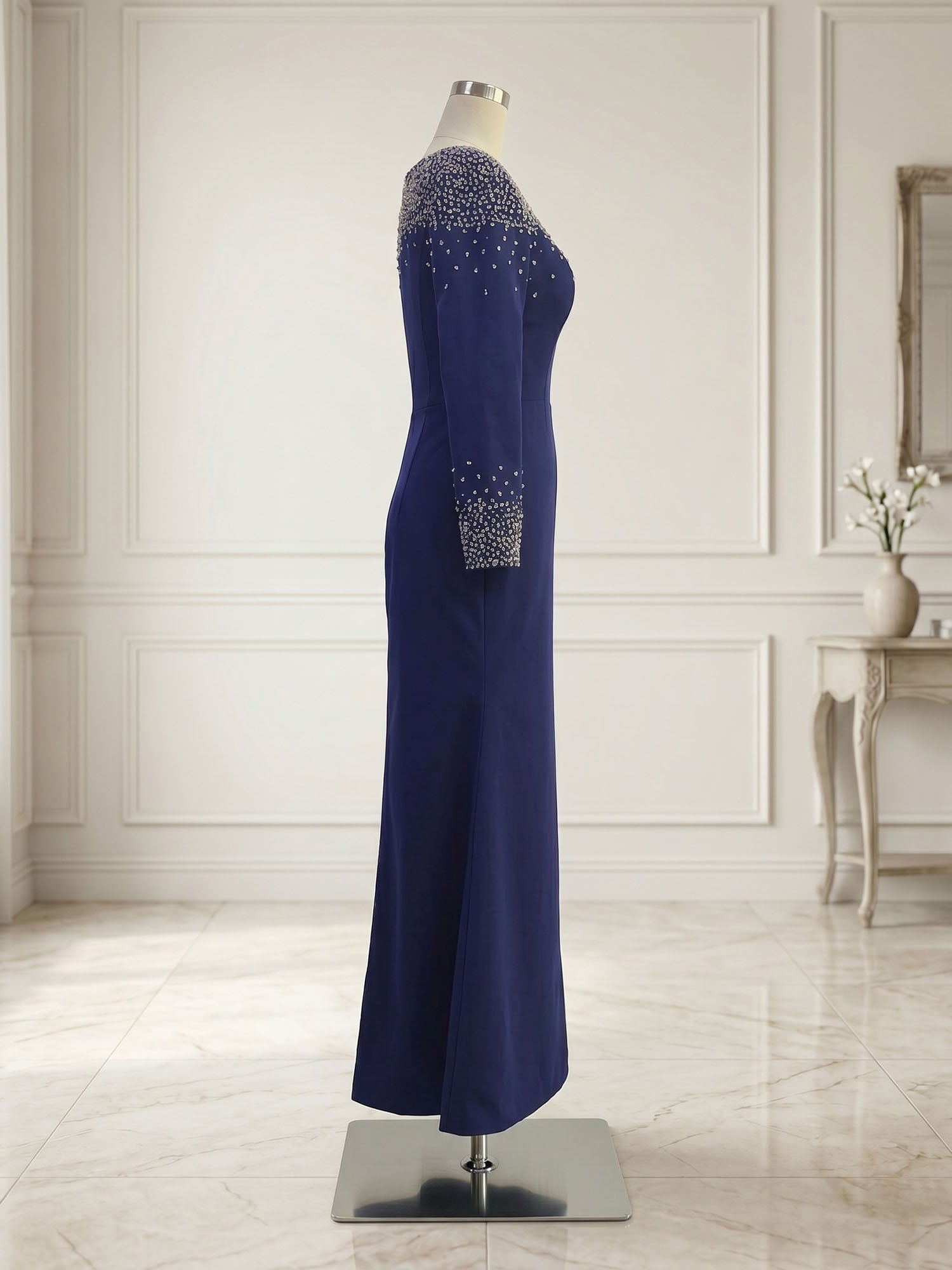 Formal Evening Dress Midnight Navy Velvet Long Sleeves Maxi Dress with Crystal