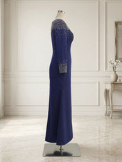 Formal Evening Dress Midnight Navy Velvet Long Sleeves Maxi Dress with Crystal